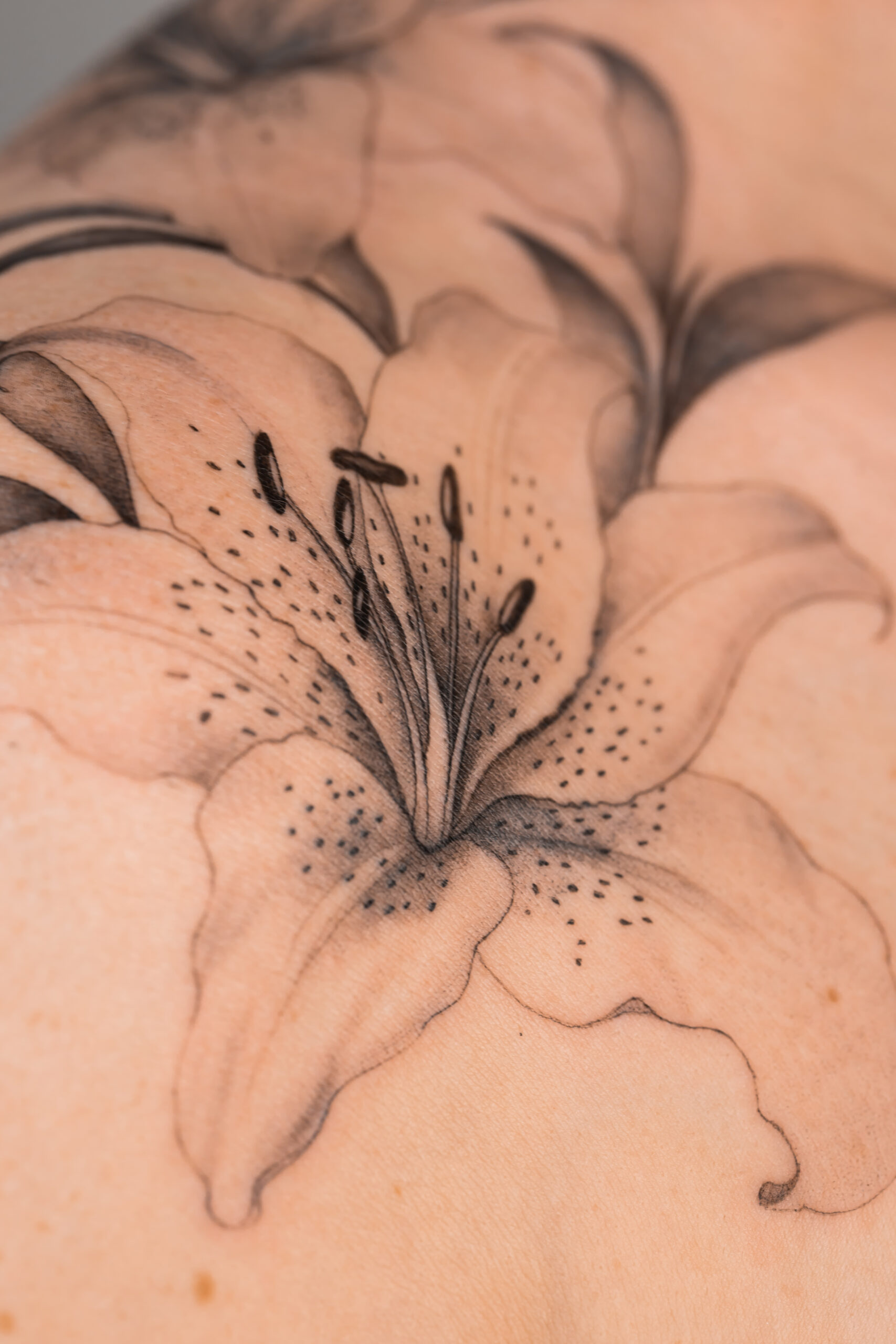 tatouage fleur de lys fine line en noir et gris réalisé à Combs-la-Ville