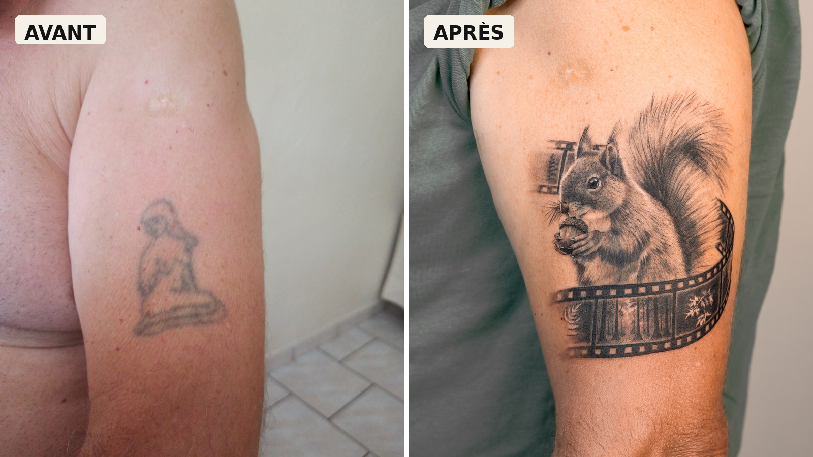 Avant après d'un cover tattoo Black & Grey transformant un ancien tatouage en écureuil réaliste.