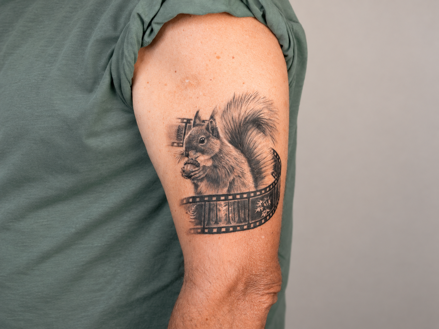 Tatouage écureuil réaliste noir et gris avec pellicule photo sur le bras
